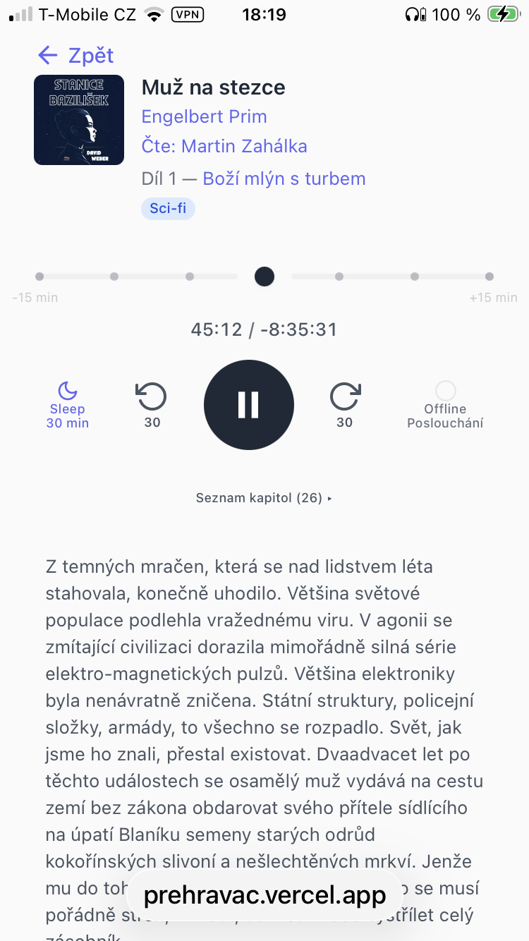 Prehravac player: book-level time, seek dots, pill controls